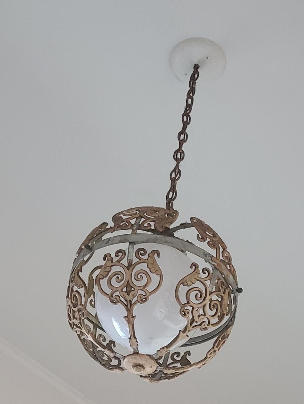 Vintage- Ornate Hanging Pendant Light - White Globe, Rustic Gold Finish